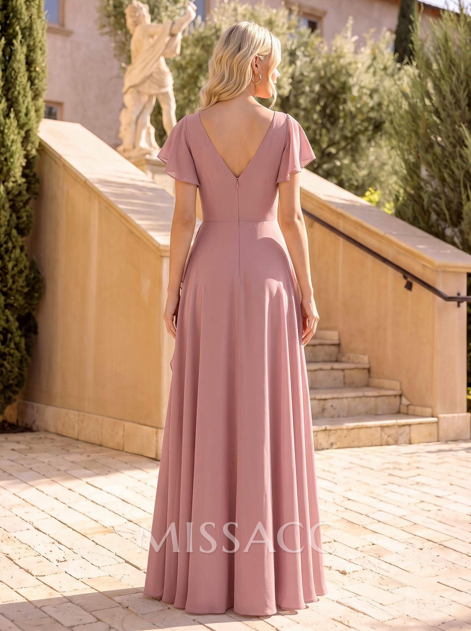 A-Line V-Neck Cape Sleeves Floor-Length Chiffon Bridesmaid Dresses With Ruffle