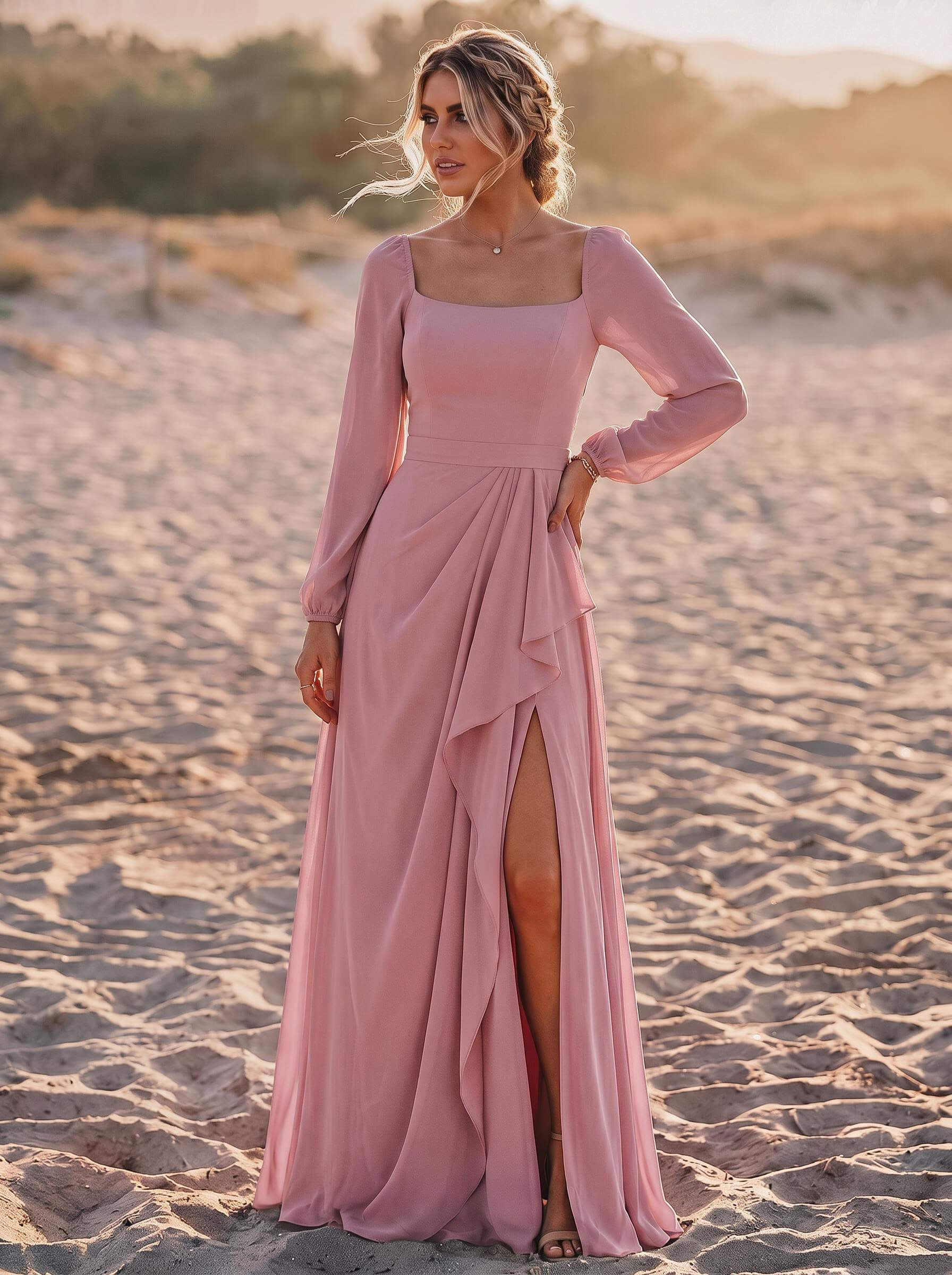 A-Line Square Neckline Long Sleeves Floor-Length Chiffon Bridesmaid Dresses With Pleated