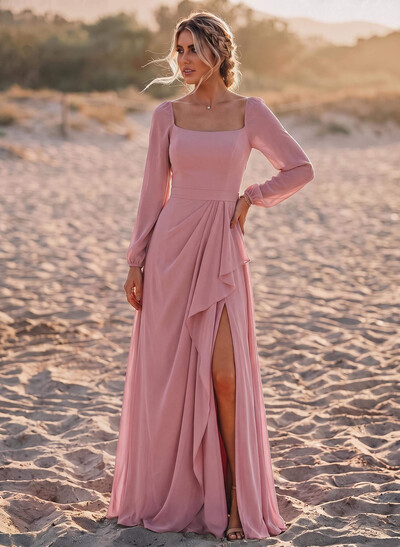A-Line Square Neckline Long Sleeves Floor-Length Chiffon Bridesmaid Dresses With Pleated