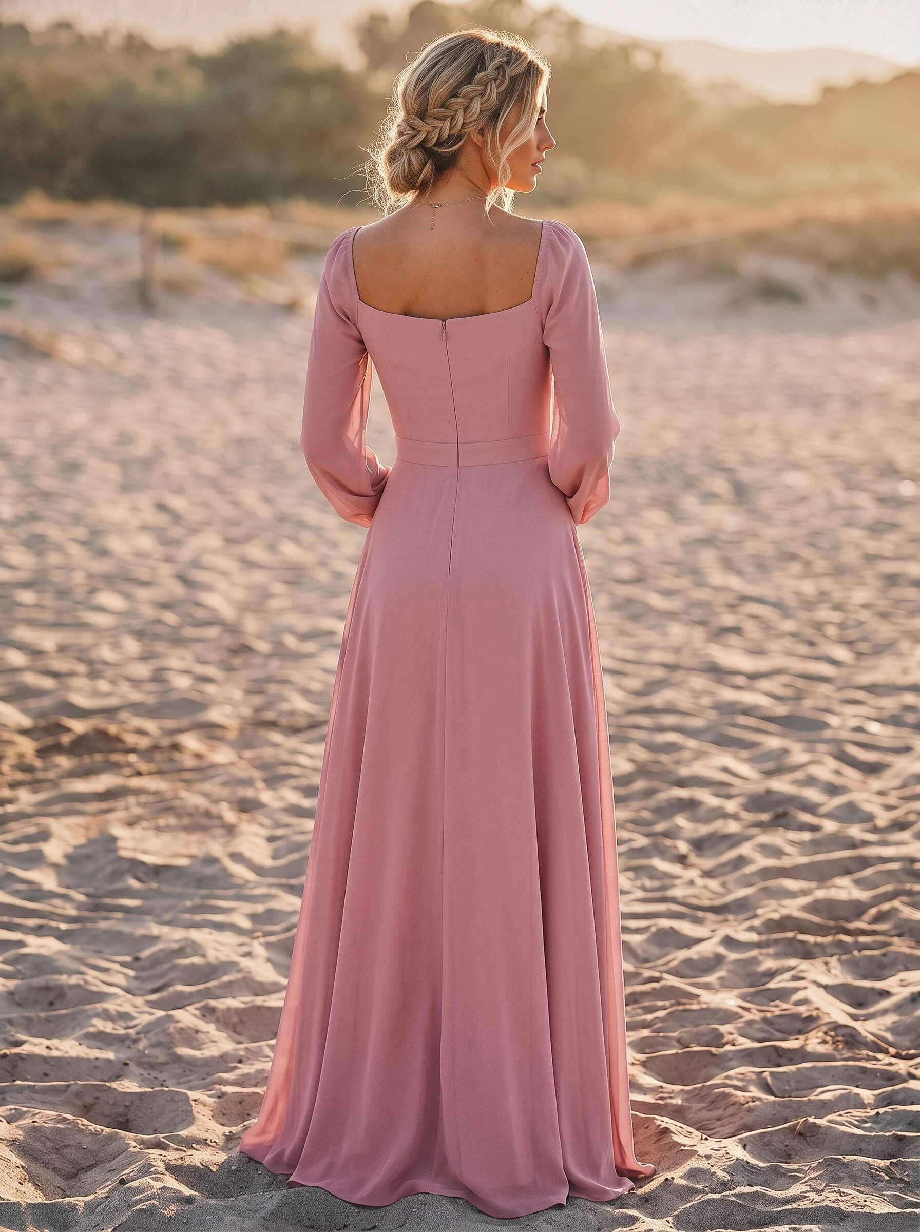 A-Line Square Neckline Long Sleeves Floor-Length Chiffon Bridesmaid Dresses With Pleated