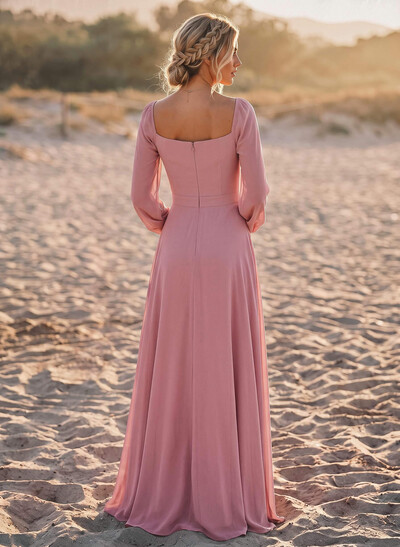 A-Line Square Neckline Long Sleeves Floor-Length Chiffon Bridesmaid Dresses With Pleated