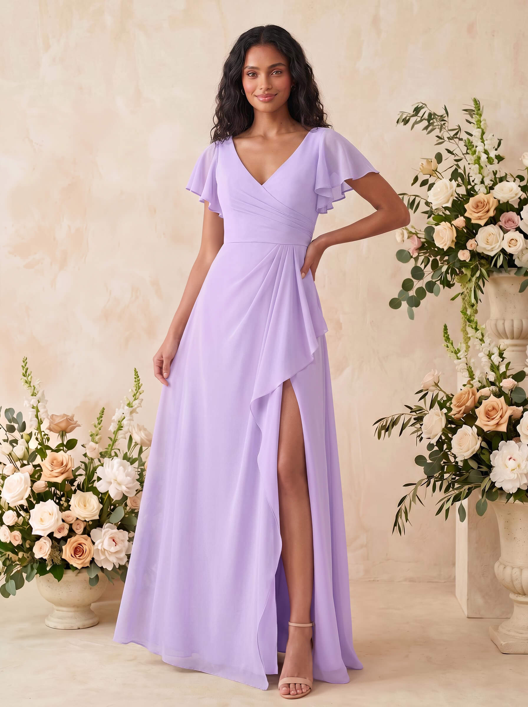 A-Line V-Neck Cape Sleeves Floor-Length Chiffon Bridesmaid Dresses With Pleated