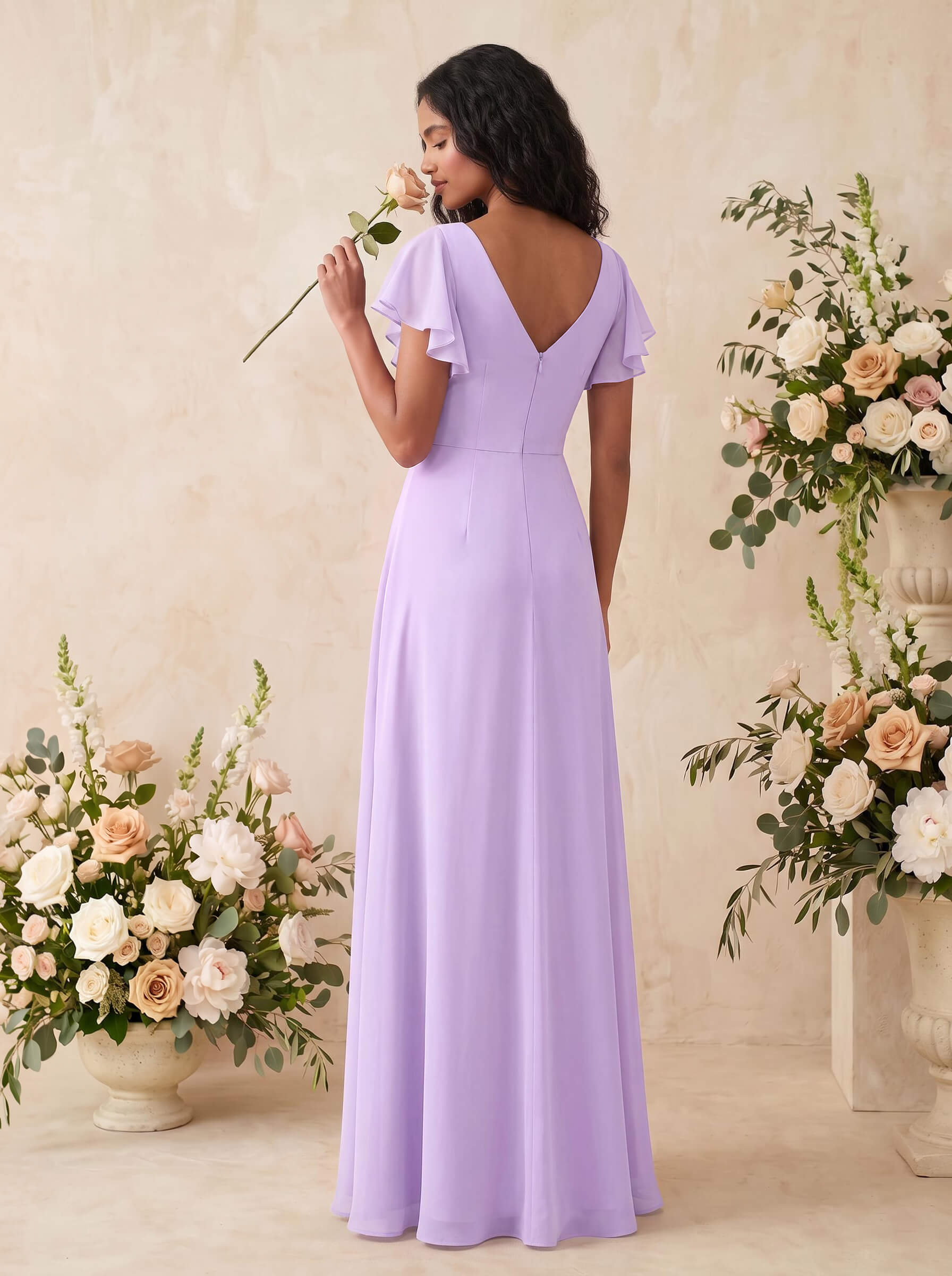 A-Line V-Neck Cape Sleeves Floor-Length Chiffon Bridesmaid Dresses With Pleated