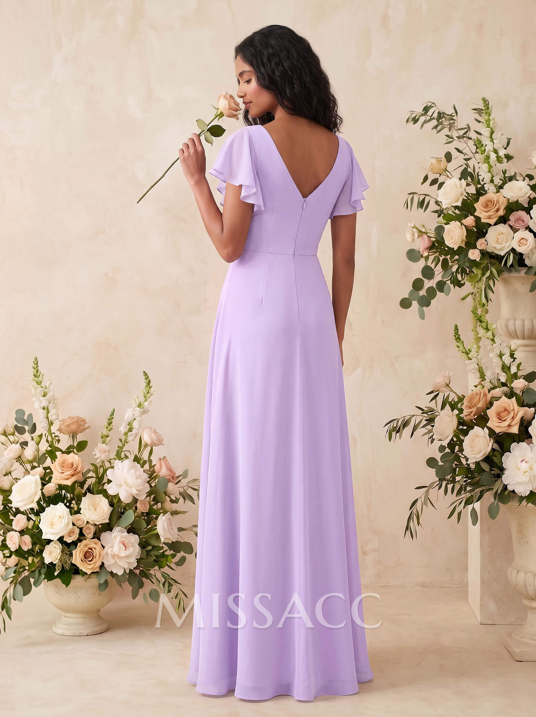 A-Line V-Neck Cape Sleeves Floor-Length Chiffon Bridesmaid Dresses With Pleated
