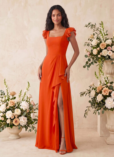 A-Line Square Neck Cape Sleeves Floor-Length Chiffon Bridesmaid Dresses With Frill