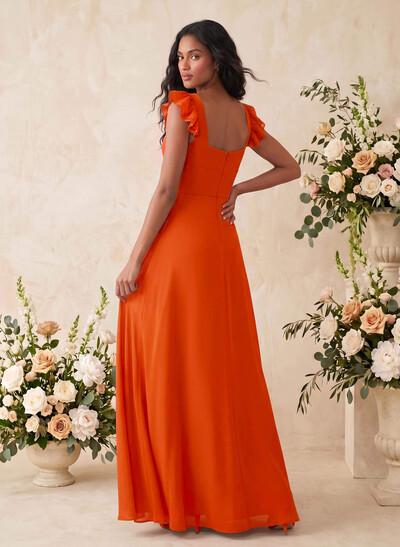 A-Line Square Neck Cape Sleeves Floor-Length Chiffon Bridesmaid Dresses With Frill