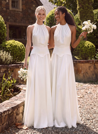 A-Line Halter Sleeveless Floor-Length Silk Like Satin Bridesmaid Dresses With Pleated