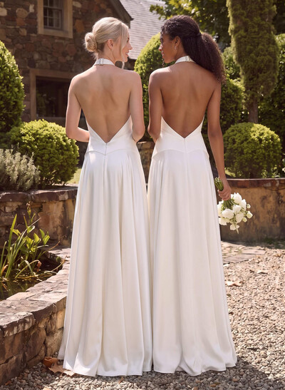 A-Line Halter Sleeveless Floor-Length Silk Like Satin Bridesmaid Dresses With Pleated