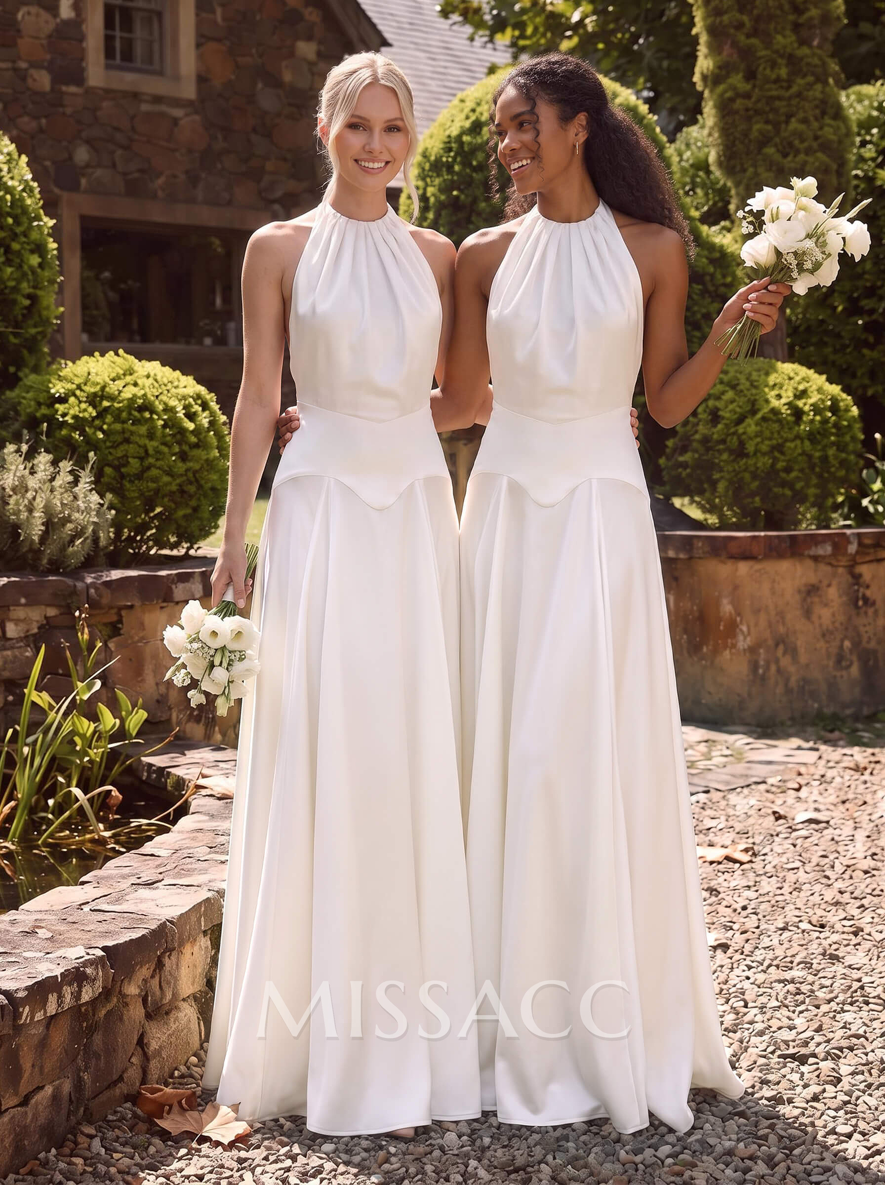 A-Line Halter Sleeveless Floor-Length Silk Like Satin Bridesmaid Dresses With Pleated