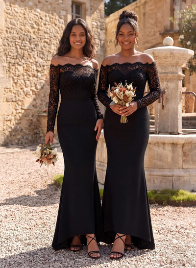 Trumpet/Mermaid Off-The-Shoulder Long Sleeves Asymmetrical Lace/Elastic Satin Bridesmaid Dresses