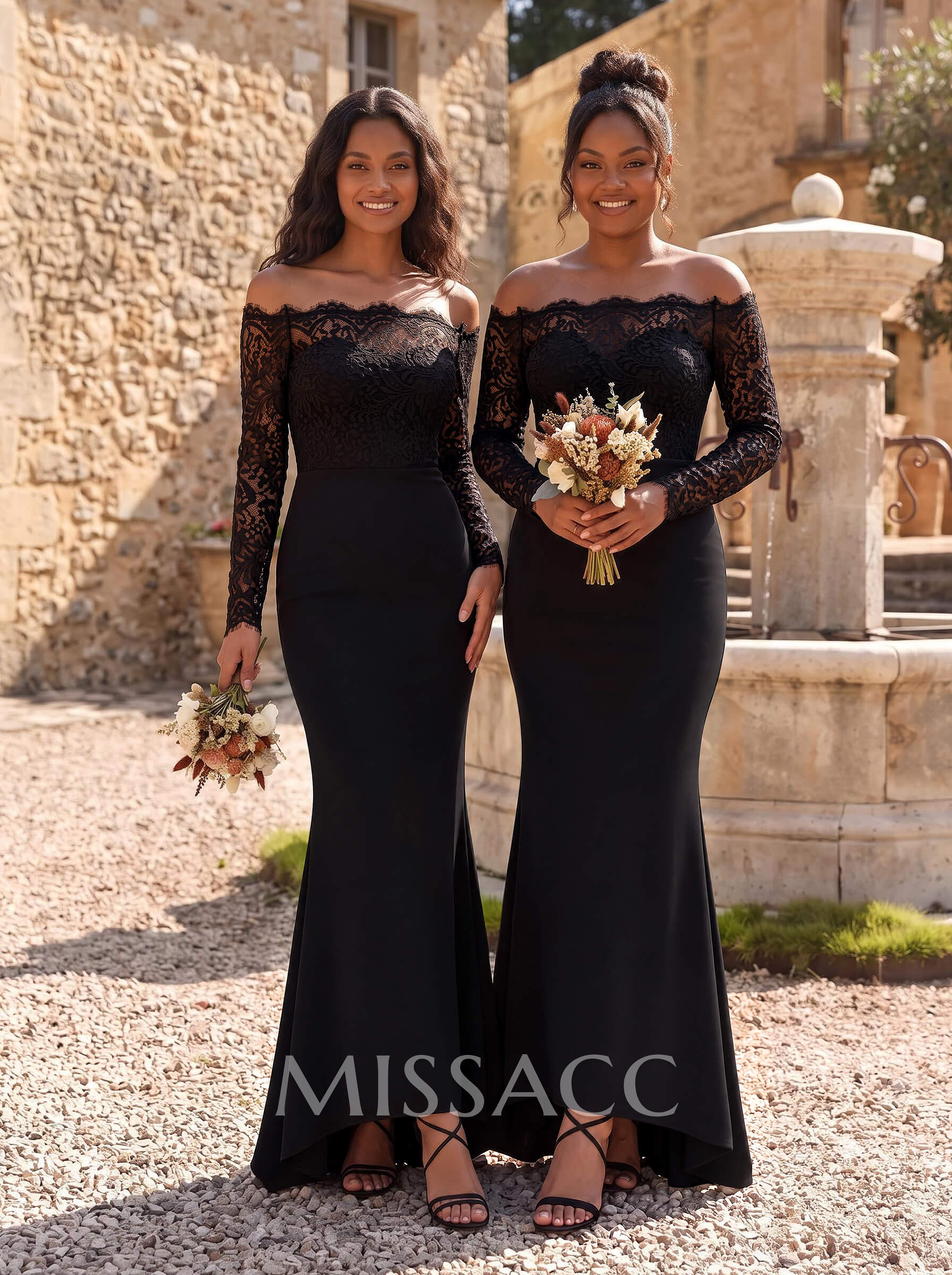 Trumpet/Mermaid Off-The-Shoulder Long Sleeves Asymmetrical Lace/Elastic Satin Bridesmaid Dresses