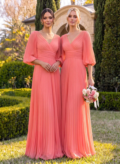 A-Line V-Neck Long Sleeves Floor-Length Chiffon Bridesmaid Dresses With Pleated
