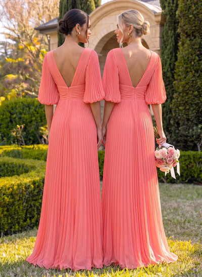 A-Line V-Neck Long Sleeves Floor-Length Chiffon Bridesmaid Dresses With Pleated
