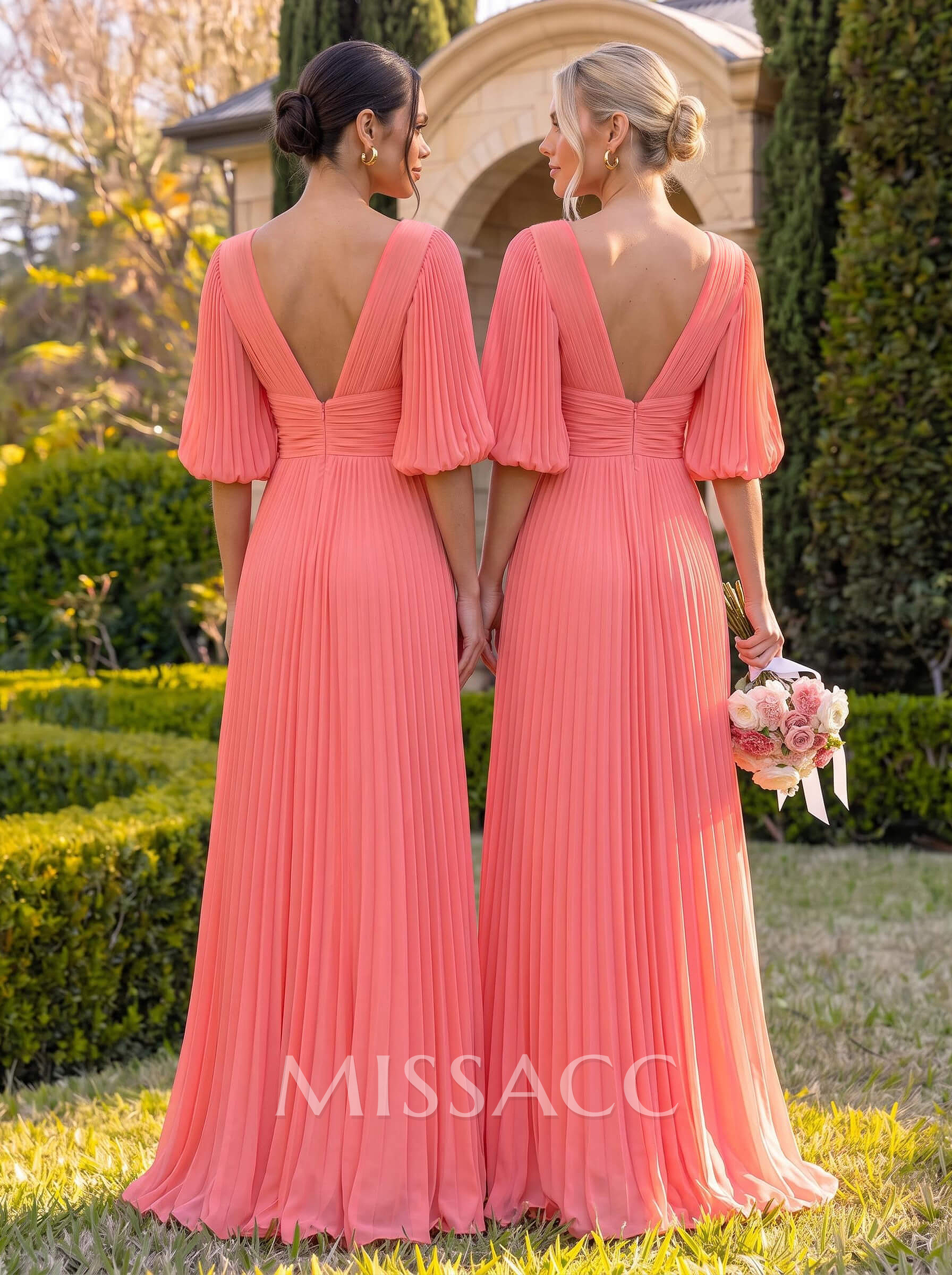 A-Line V-Neck Long Sleeves Floor-Length Chiffon Bridesmaid Dresses With Pleated