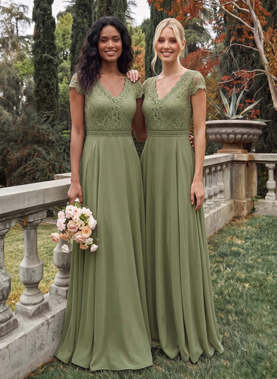A-Line V-Neck Short Sleeves Floor-Length Chiffon/Lace Bridesmaid Dresses With Lace