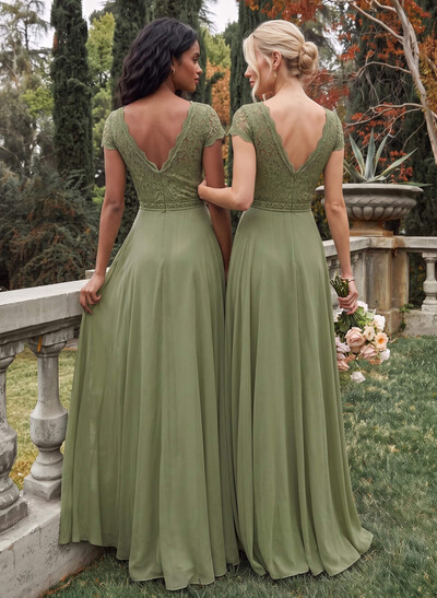 A-Line V-Neck Short Sleeves Floor-Length Chiffon/Lace Bridesmaid Dresses With Lace