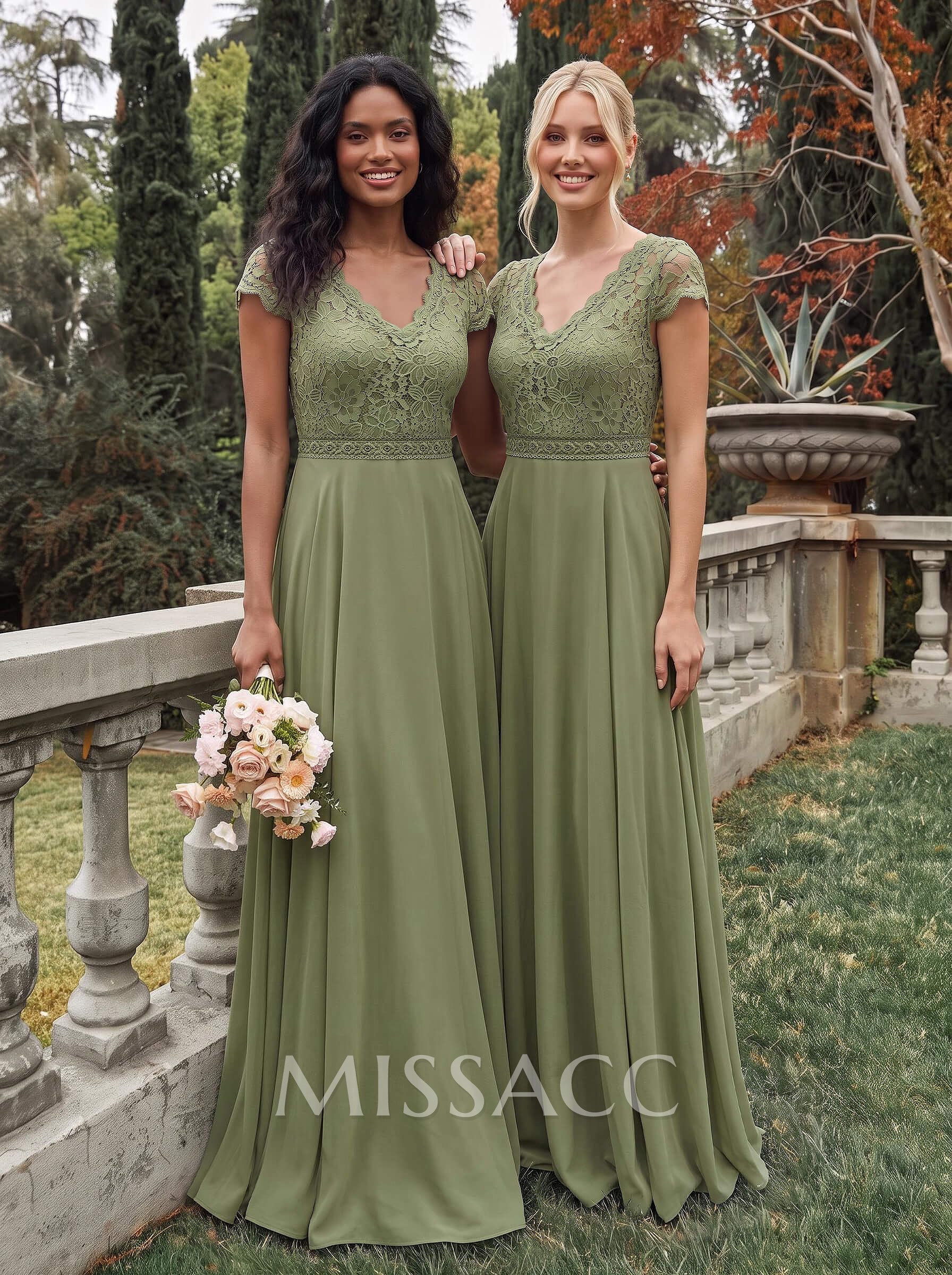 A-Line V-Neck Short Sleeves Floor-Length Chiffon/Lace Bridesmaid Dresses With Lace