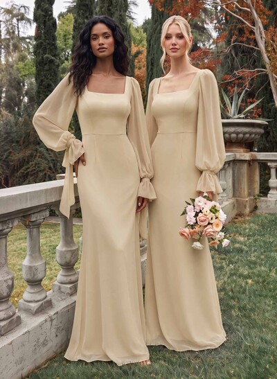Column Square Neck Long Sleeve Floor-Length Chiffon Bridesmaid Dresses