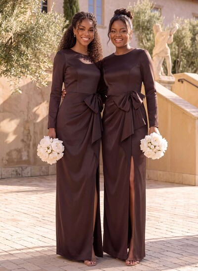 Sheath/Column Scoop Neck Long Sleeve Floor-Length Charmeuse Bridesmaid Dresses With Front Slit And Bow