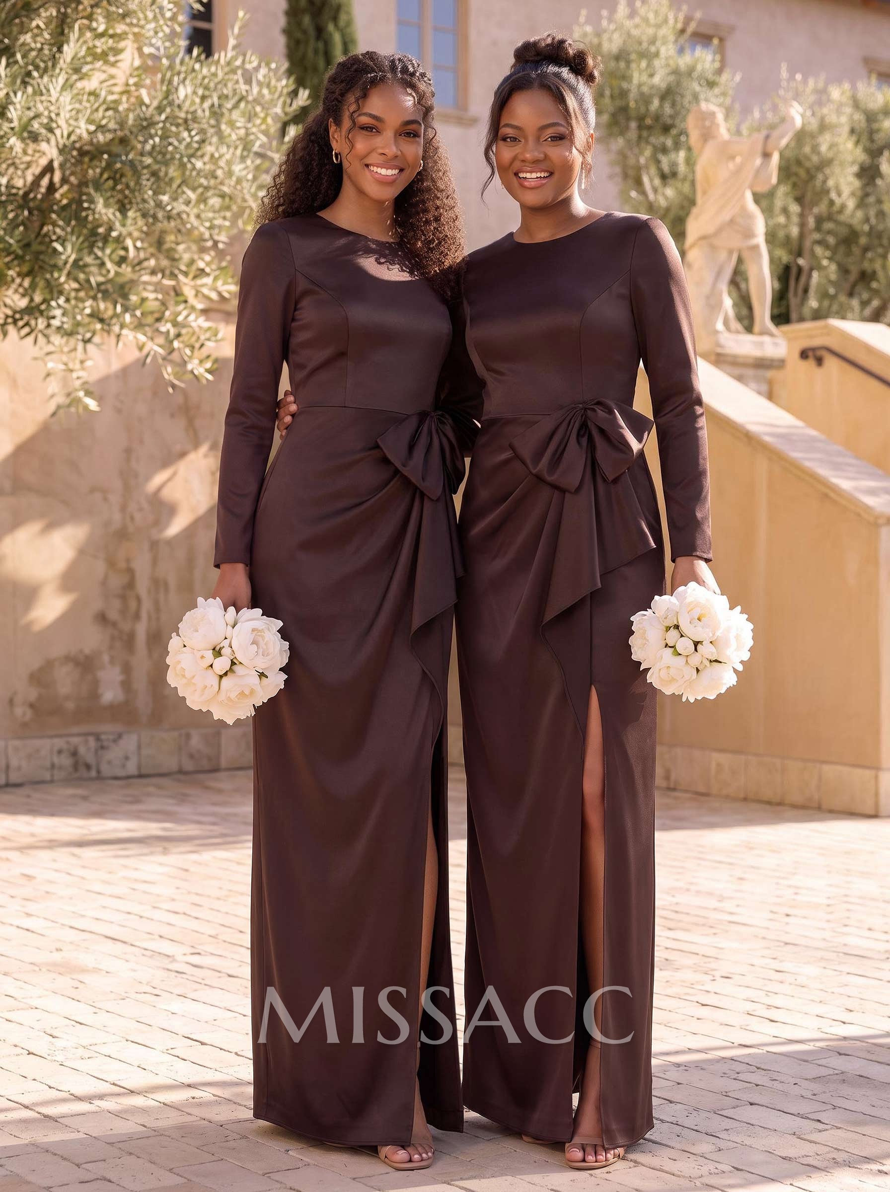 Sheath/Column Scoop Neck Long Sleeve Floor-Length Charmeuse Bridesmaid Dresses With Front Slit And Bow