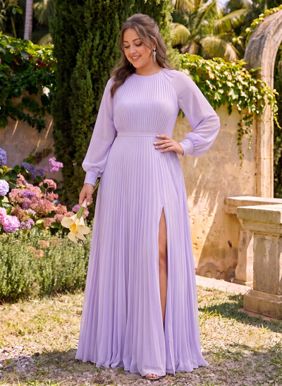 A-Line Scoop Neck Long Sleeves Floor-Length Chiffon Bridesmaid Dresses With Pleated/High Split