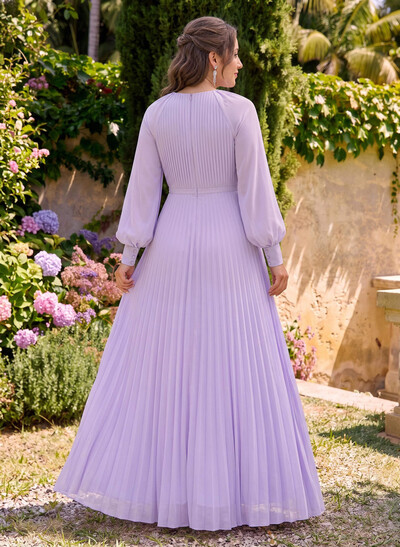 A-Line Scoop Neck Long Sleeves Floor-Length Chiffon Bridesmaid Dresses With Pleated/High Split