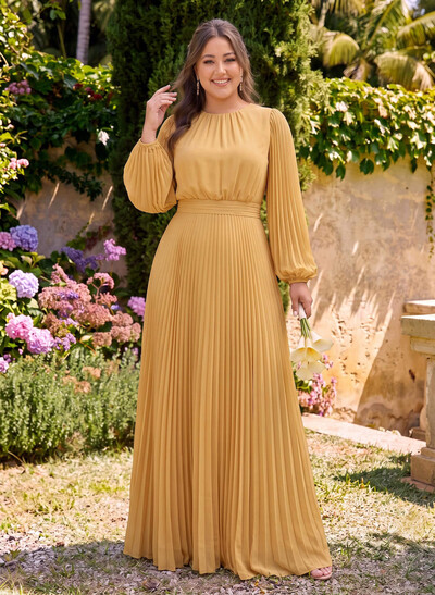 Sheath/Column Scoop Neck Long Sleeves Floor-Length Chiffon Bridesmaid Dresses With Pleated