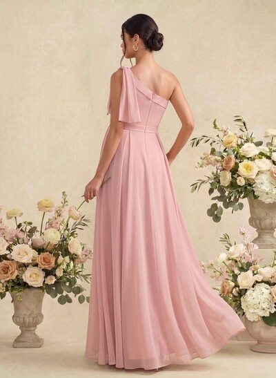 A-Line One-Shoulder Sleeveless Floor-Length Chiffon Maternity Bridesmaid Dresses With Bow