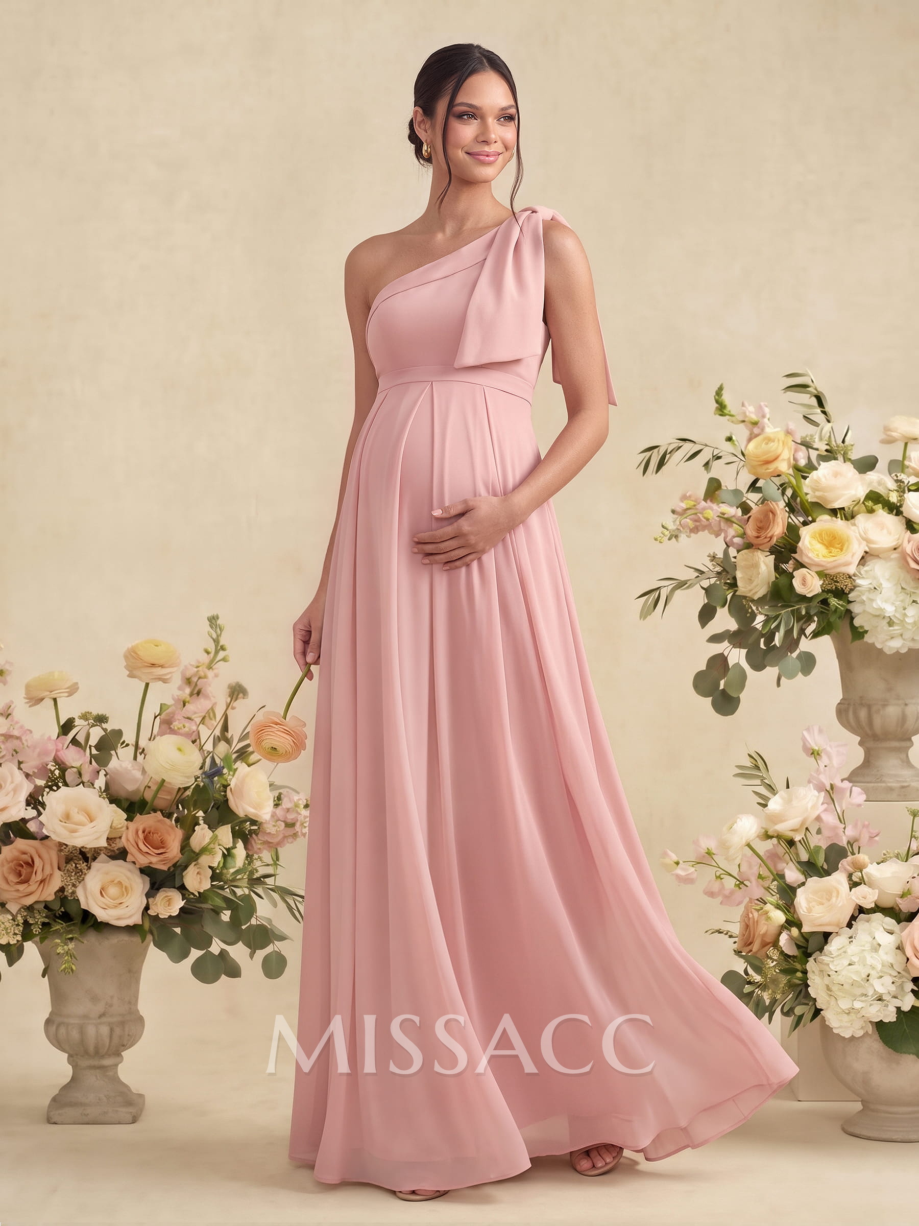 A-Line One-Shoulder Sleeveless Floor-Length Chiffon Maternity Bridesmaid Dresses With Bow
