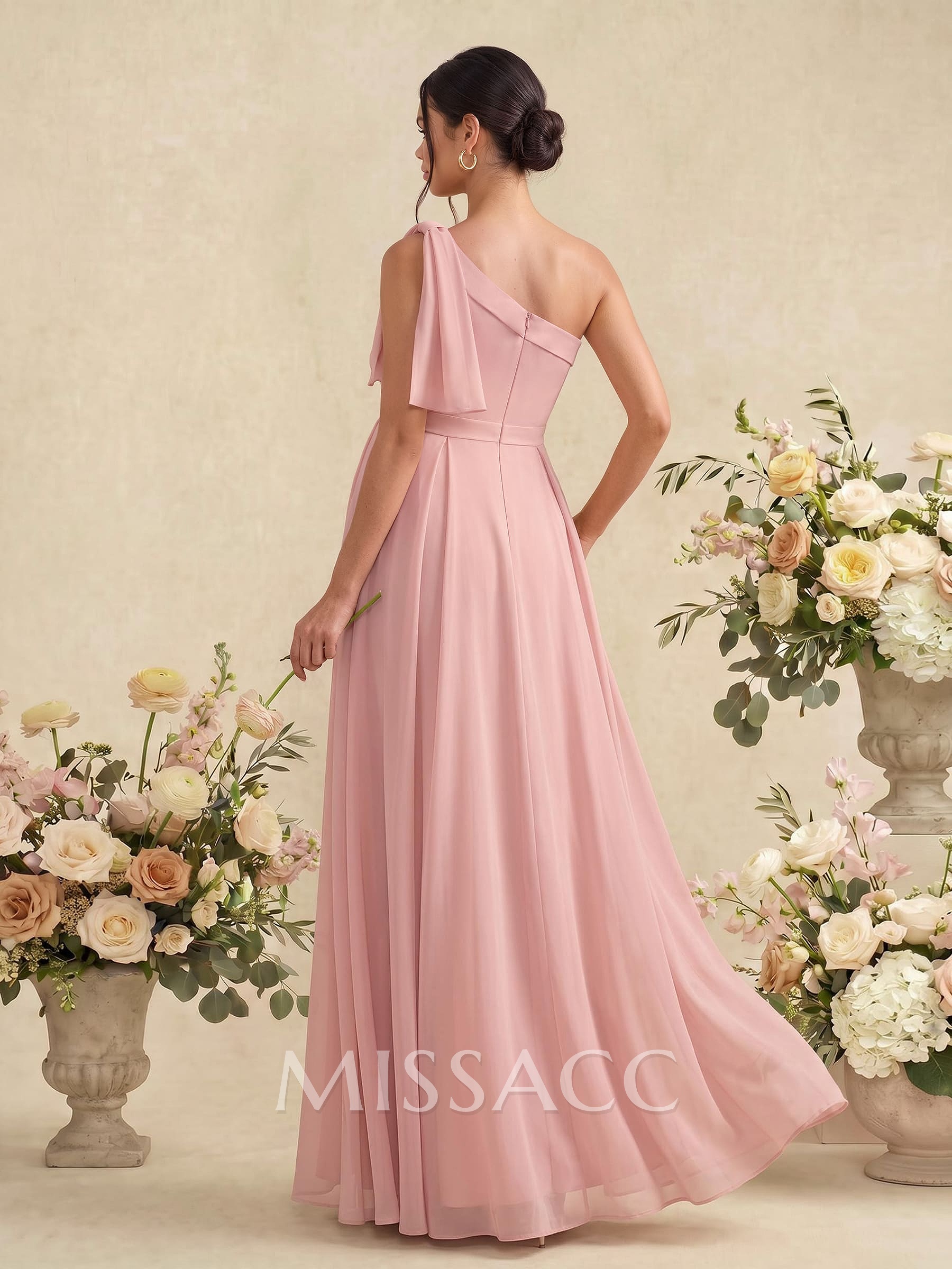 A-Line One-Shoulder Sleeveless Floor-Length Chiffon Maternity Bridesmaid Dresses With Bow