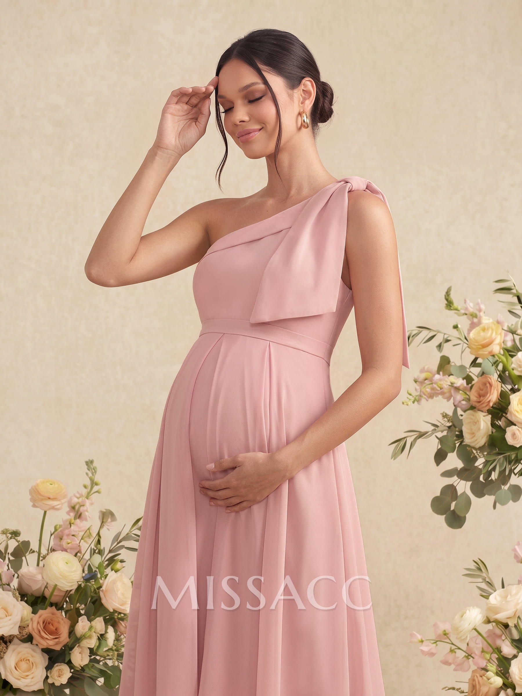 A-Line One-Shoulder Sleeveless Floor-Length Chiffon Maternity Bridesmaid Dresses With Bow