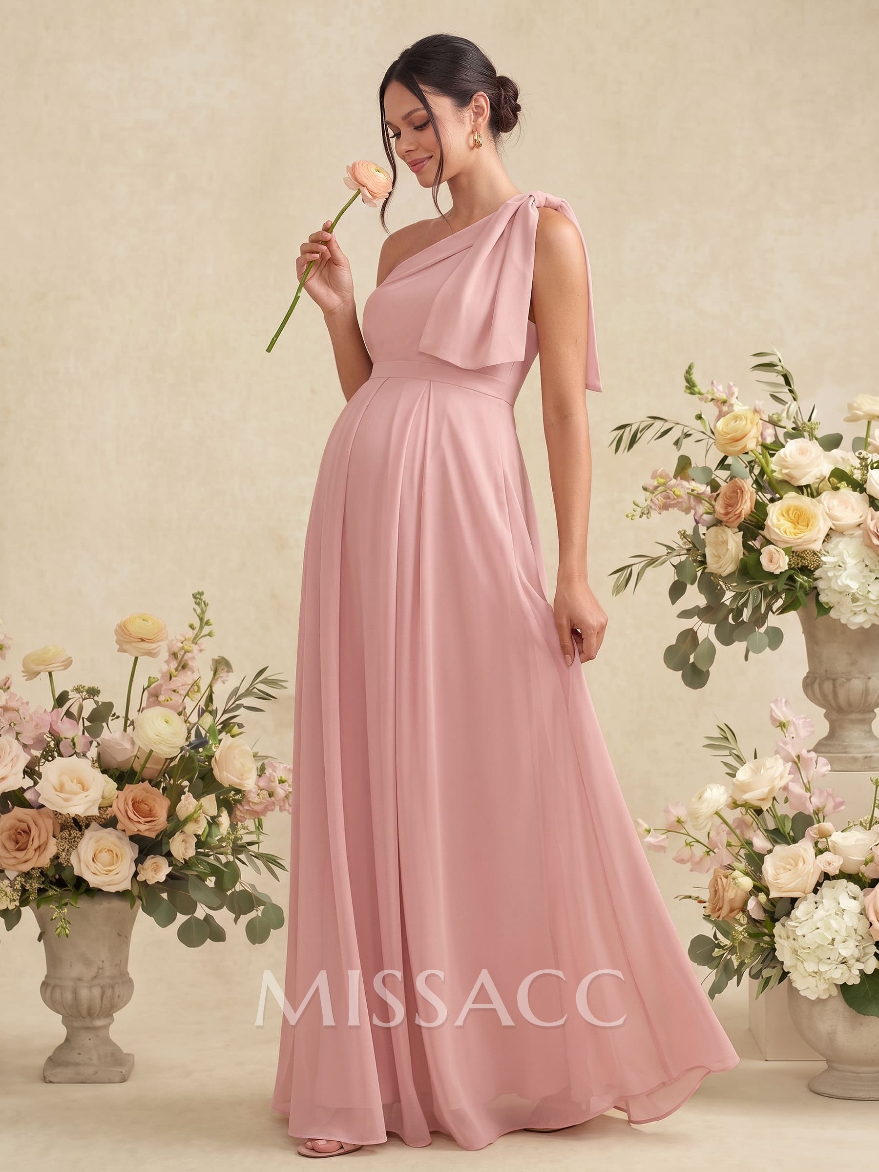 A-Line One-Shoulder Sleeveless Floor-Length Chiffon Maternity Bridesmaid Dresses With Bow