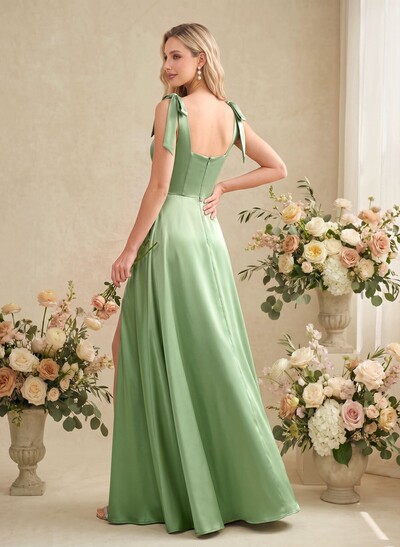 A-Line Square Neckline Sleeveless Floor-Length Satin Bridesmaid Dresses With Bow/High Split