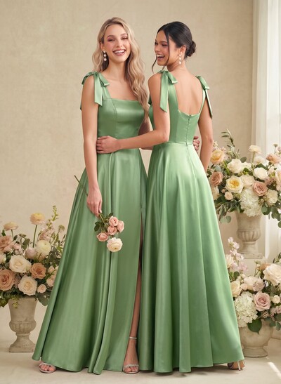 A-Line Square Neckline Sleeveless Floor-Length Satin Bridesmaid Dresses With Bow/High Split