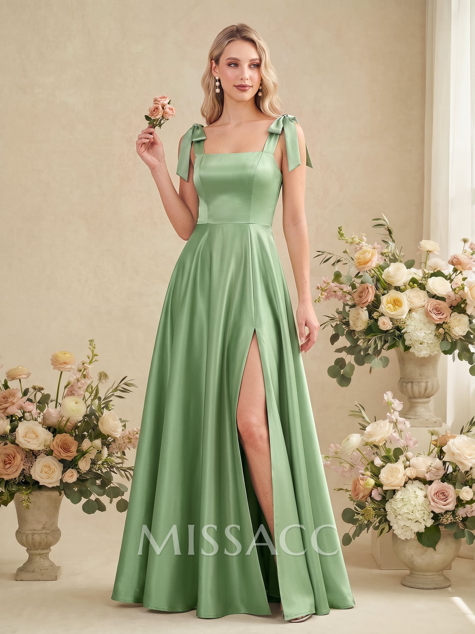 A-Line Square Neckline Sleeveless Floor-Length Satin Bridesmaid Dresses With Bow/High Split