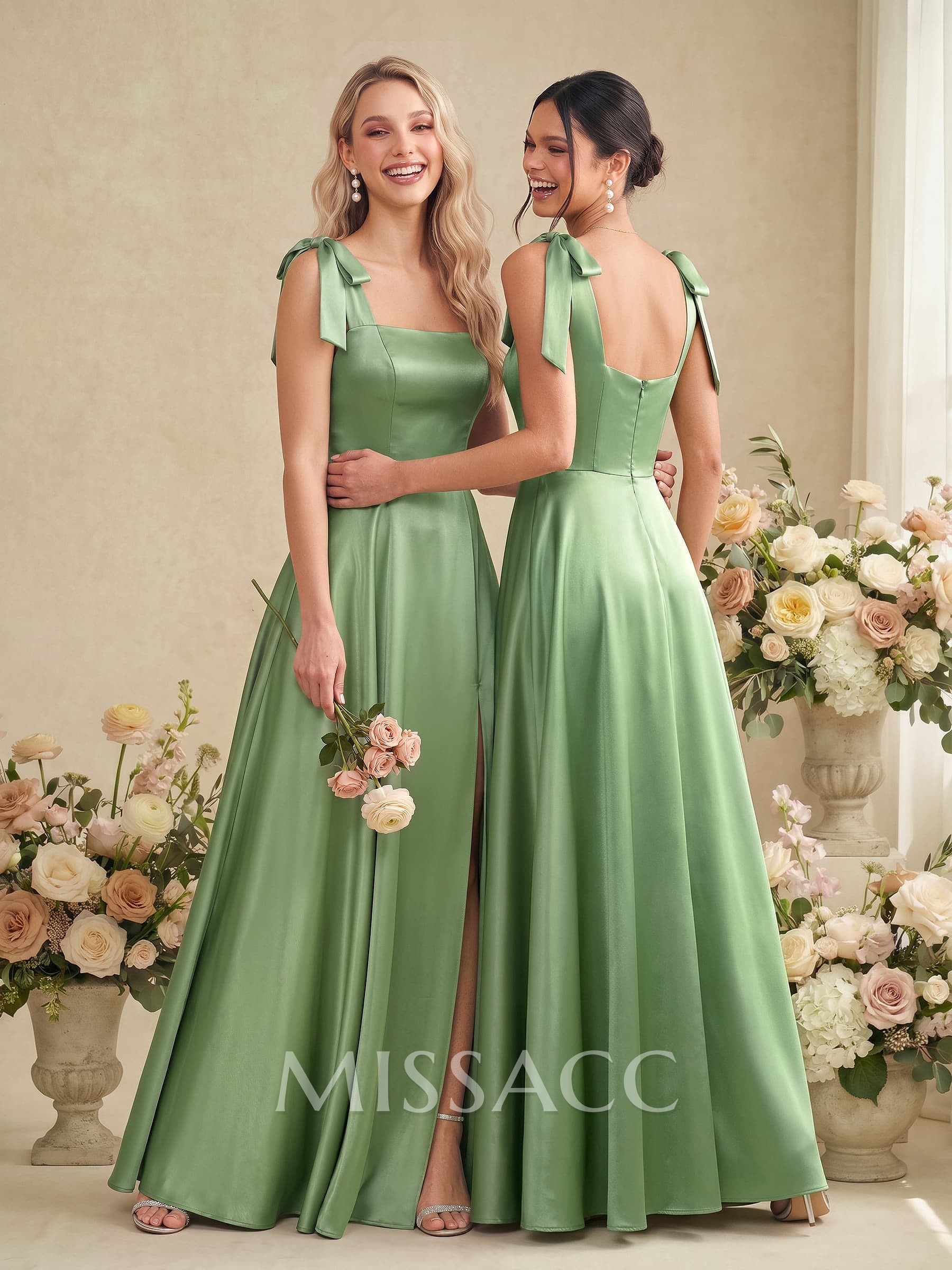 A-Line Square Neckline Sleeveless Floor-Length Satin Bridesmaid Dresses With Bow/High Split