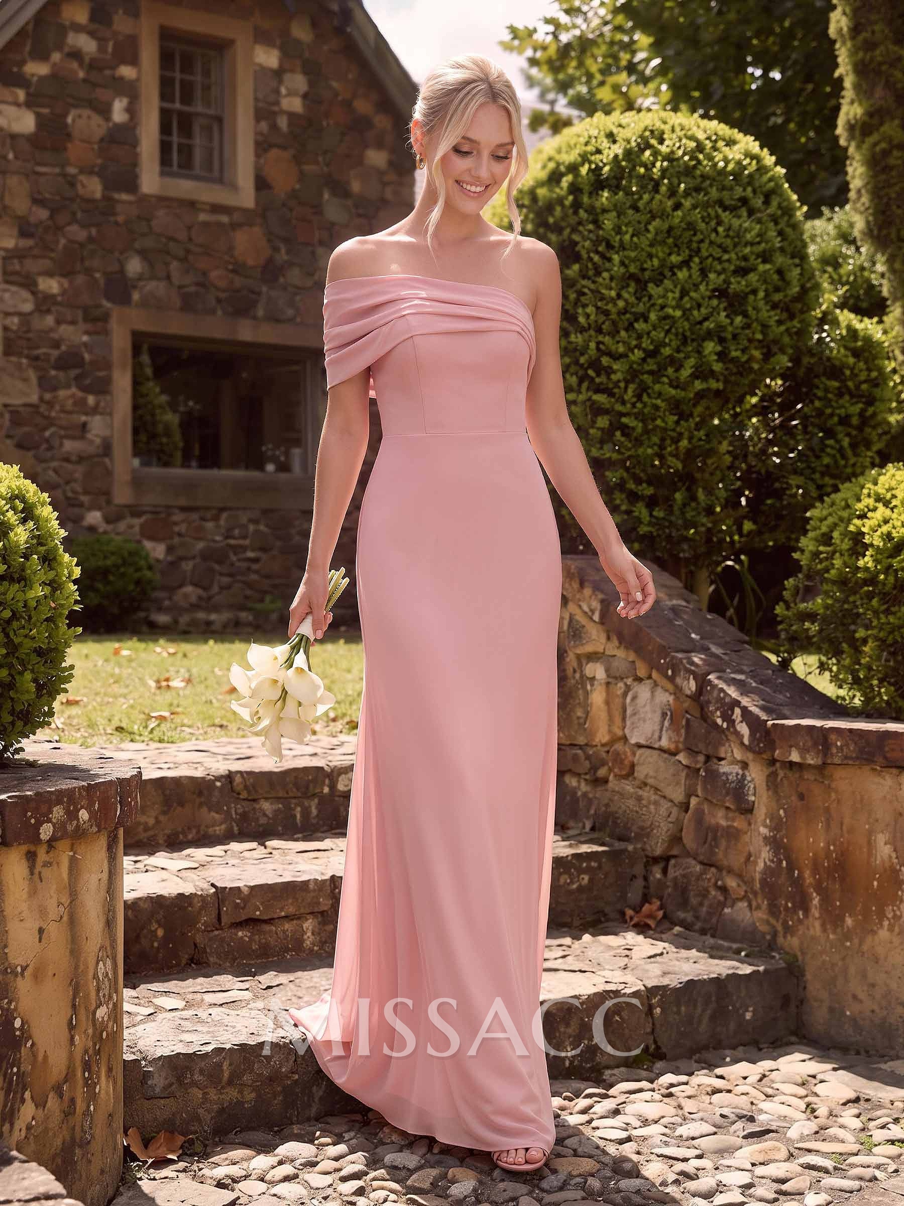 Sheath/Column One-Shoulder Sleeveless Floor-Length Chiffon Bridesmaid Dresses