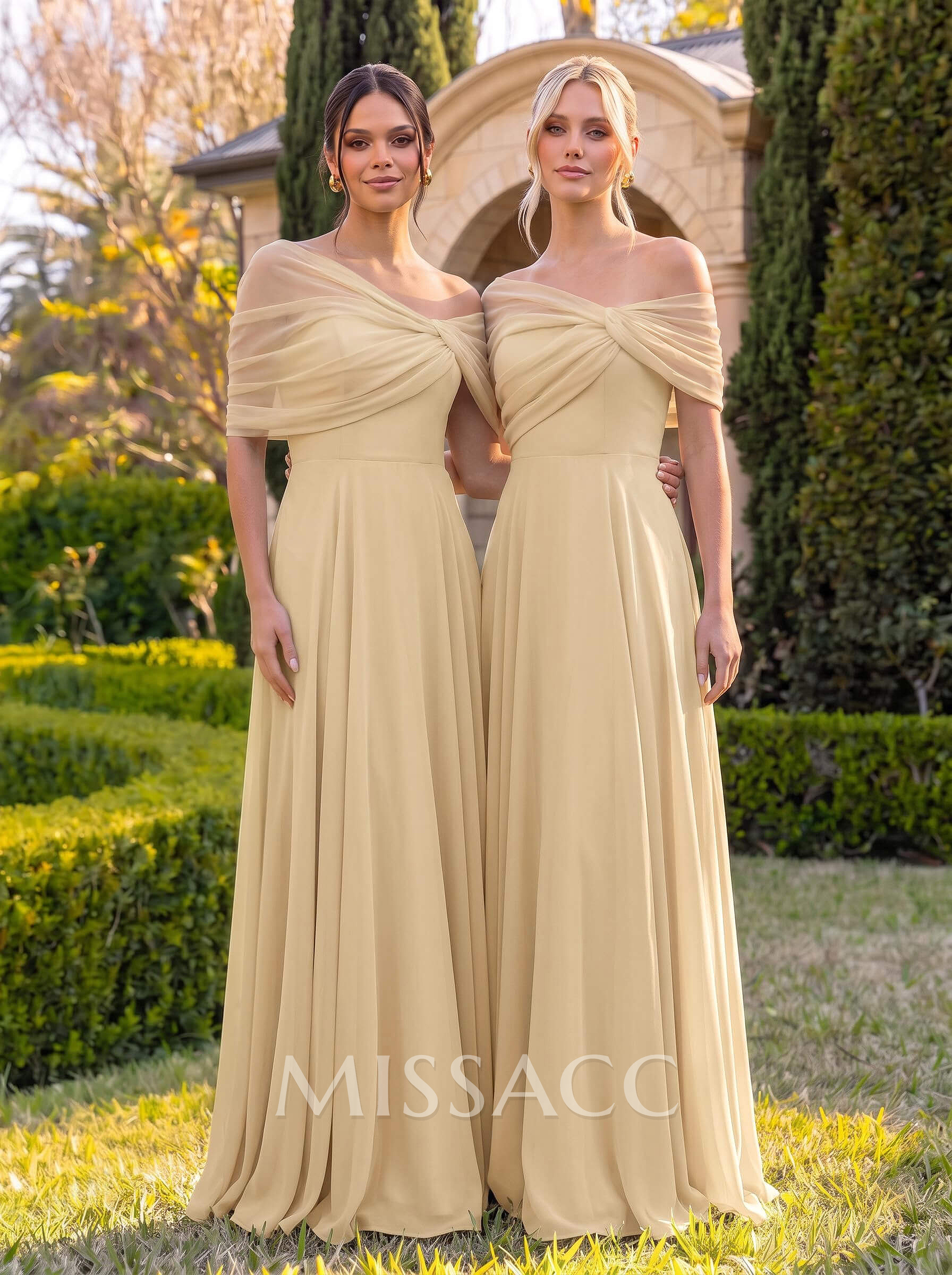 A-Line Off-The-Shoulder Cape Sleeves Floor-Length Chiffon Bridesmaid Dresses With Pockets/Shoulder Frill
