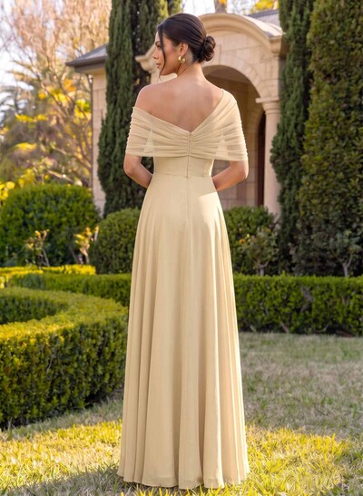A-Line Off-The-Shoulder Cape Sleeves Floor-Length Chiffon Bridesmaid Dresses With Pockets/Shoulder Ruffle
