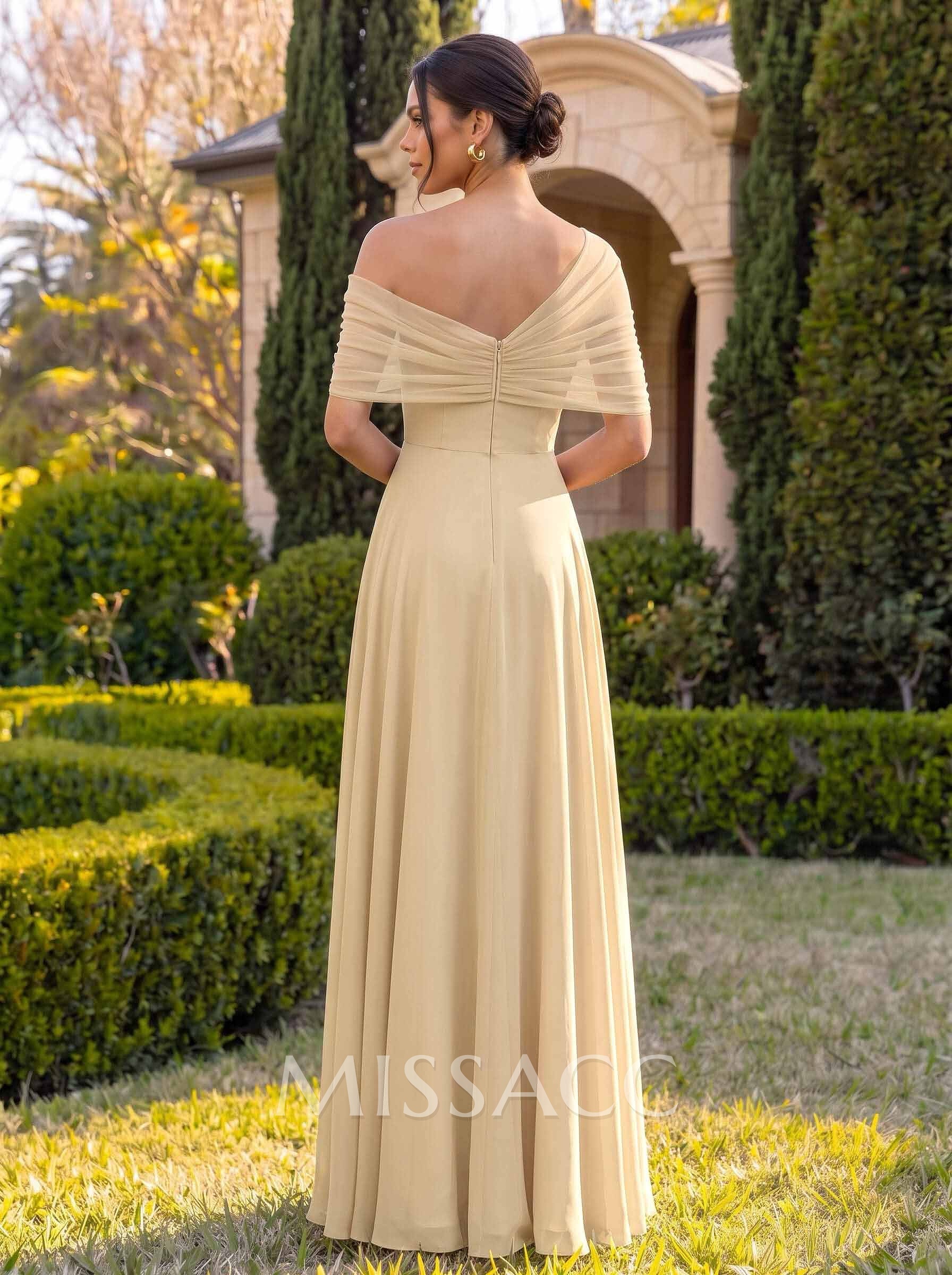 A-Line Off-The-Shoulder Cape Sleeves Floor-Length Chiffon Bridesmaid Dresses With Pockets/Shoulder Ruffle
