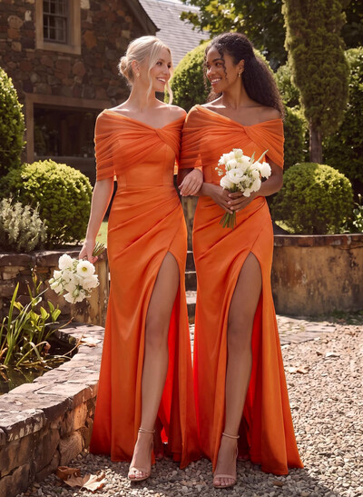 A-Line Off-The-Shoulder Cape Sleeves Floor-Length Charmeuse/Tulle Bridesmaid Dresses With Front Split