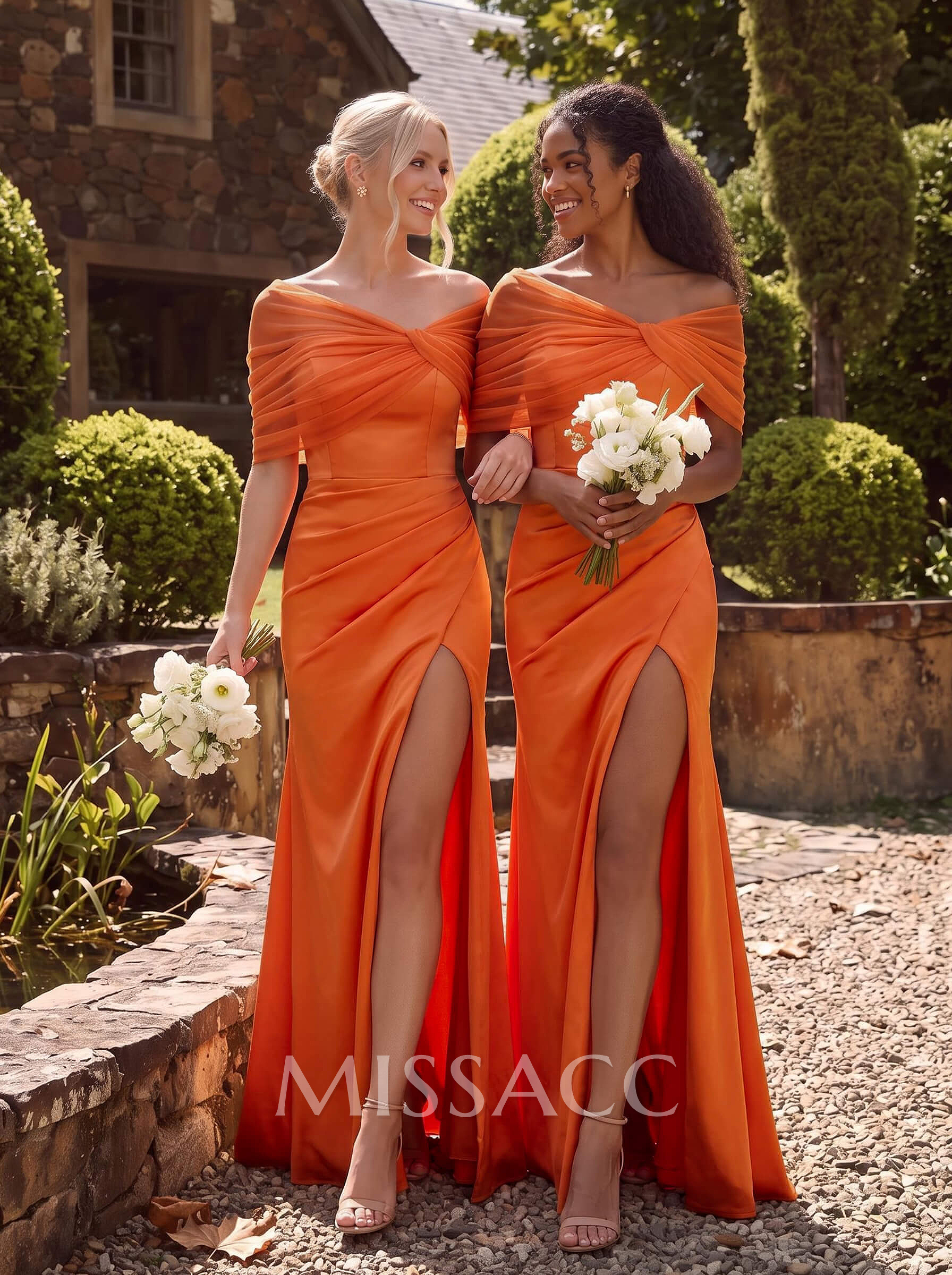 A-Line Off-The-Shoulder Cape Sleeves Floor-Length Charmeuse/Tulle Bridesmaid Dresses With Front Split