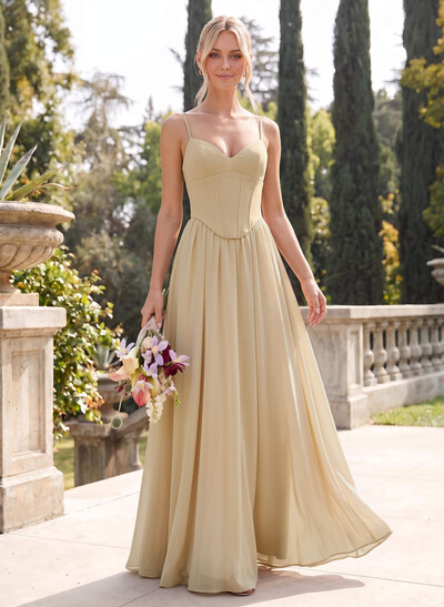 A-Line V-Neck Sleeveless Floor-Length Chiffon Bridesmaid Dresses With Pleated