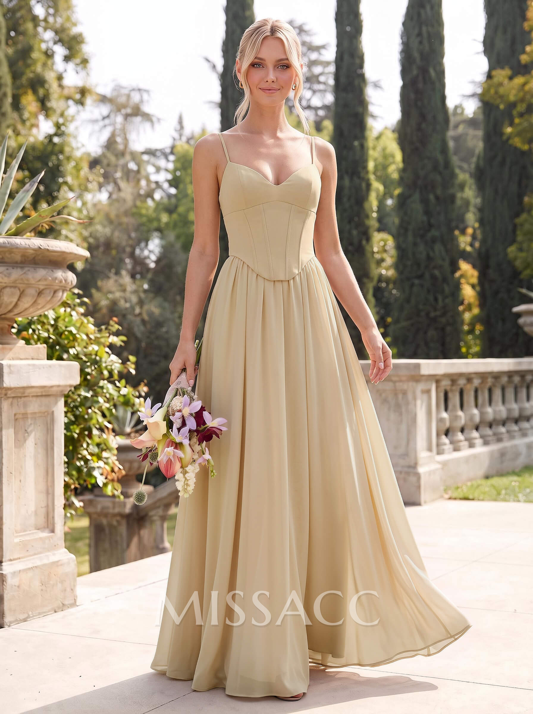 A-Line V-Neck Sleeveless Floor-Length Chiffon Bridesmaid Dresses With Pleated