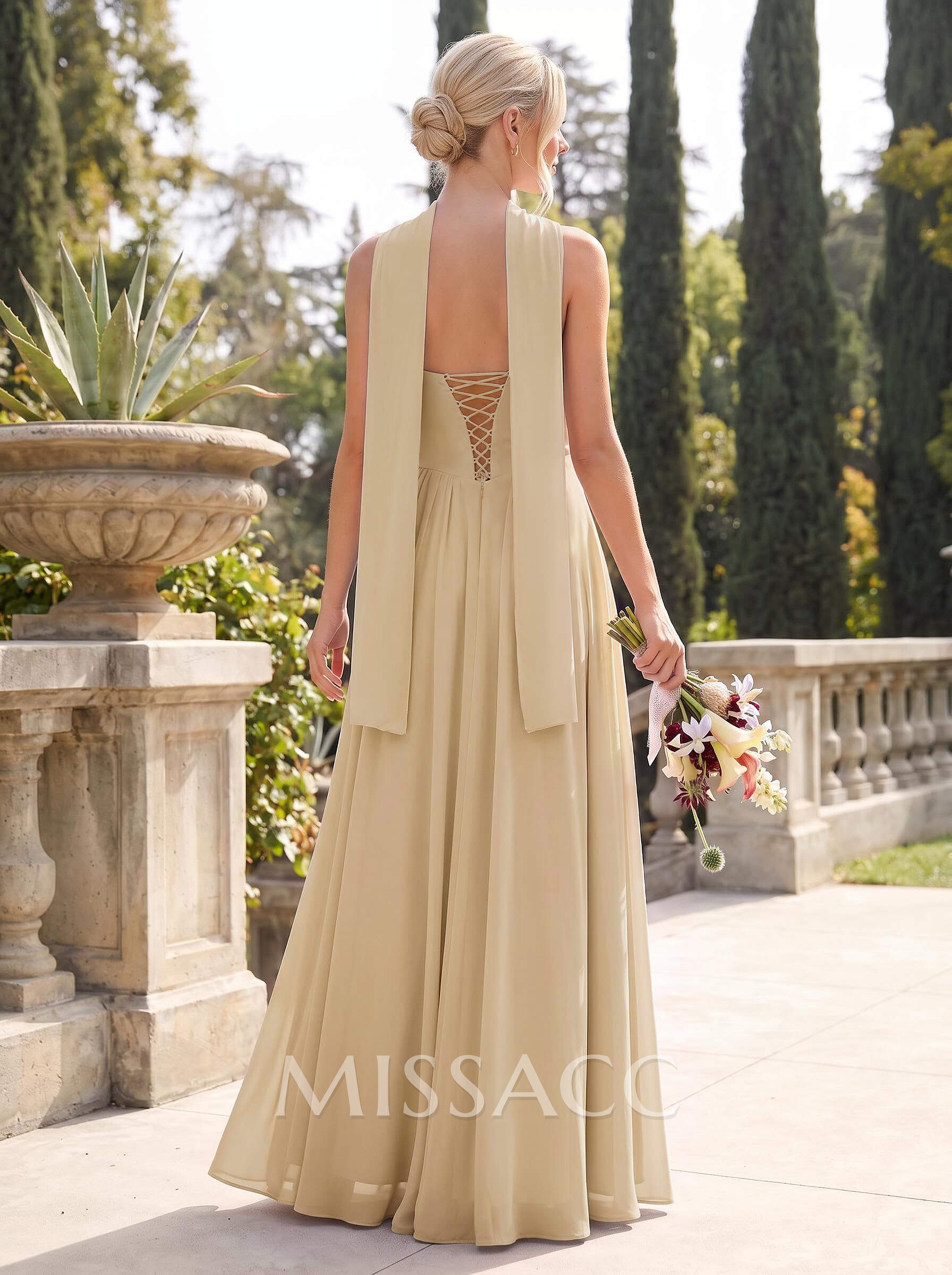 A-Line V-Neck Sleeveless Floor-Length Chiffon Bridesmaid Dresses With Pleated