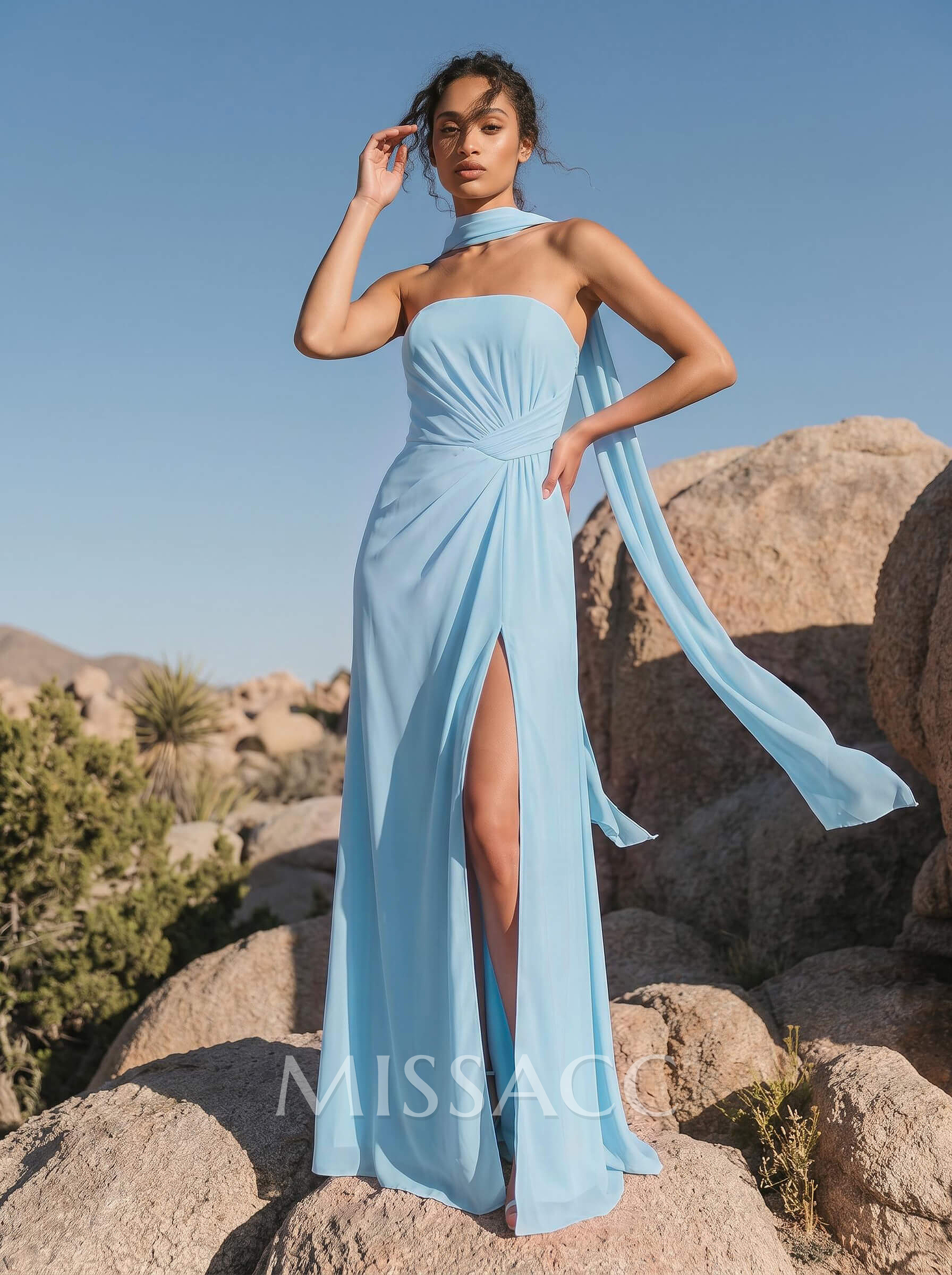 A-Line Strapless Sleeveless Floor-Length Chiffon Bridesmaid Dresses With Front Split