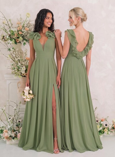 A-Line Plunge Neck Sleeveless Floor-Length Chiffon Bridesmaid Dresses With Flower/High Split