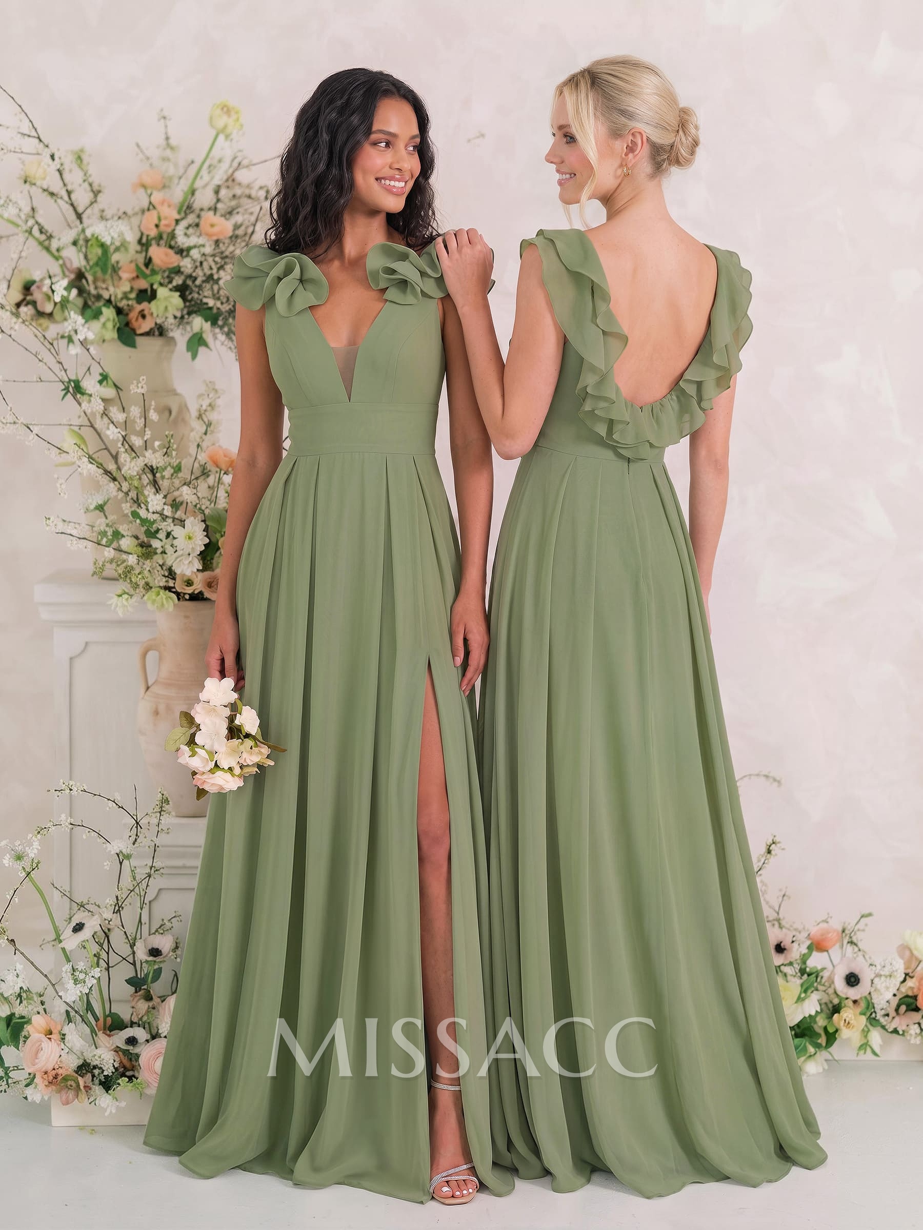 A-Line Plunge Neck Sleeveless Floor-Length Chiffon Bridesmaid Dresses With Flower/High Split