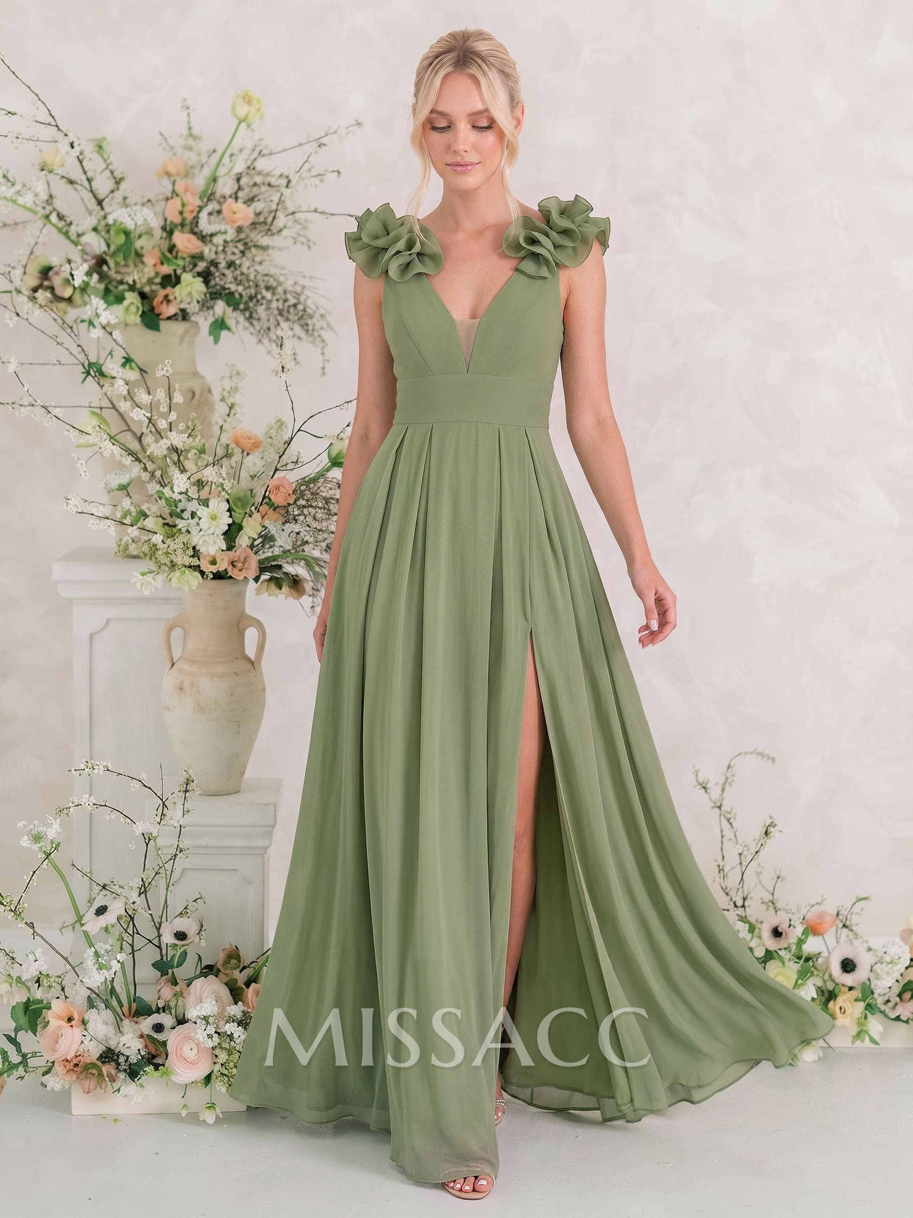 A-Line Plunge Neck Sleeveless Floor-Length Chiffon Bridesmaid Dresses With Flower/High Split