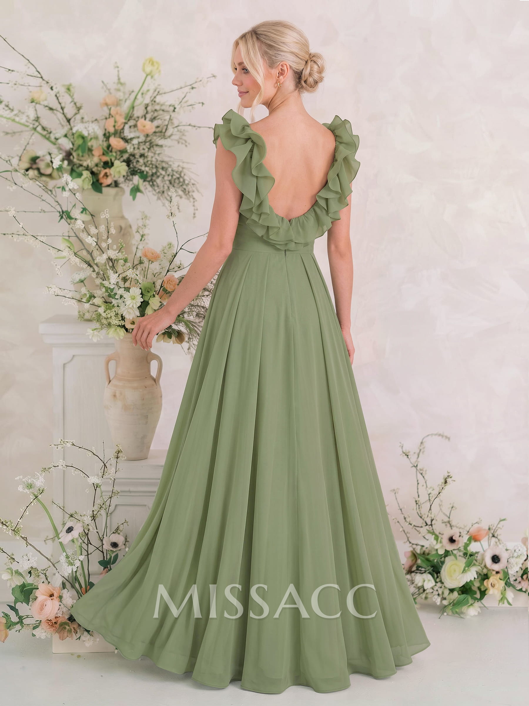 A-Line Plunge Neck Sleeveless Floor-Length Chiffon Bridesmaid Dresses With Flower/High Split